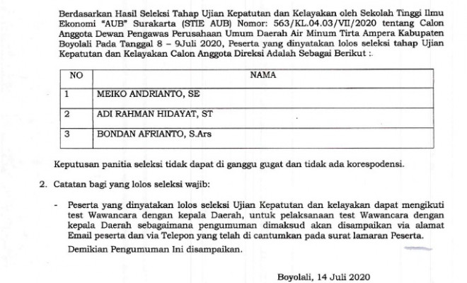 Hasil Seleksi Ujian Kepatutan Dan Kelayakan Calon Anggota Dewan Pengawas Perusahaan Umum Daerah Air Minum Tirta Ampera Kabupaten Boyolali