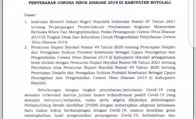 SE Bupati Tentang Perpanjangan PPKM Kabupaten Boyolali 6 Maret 2021