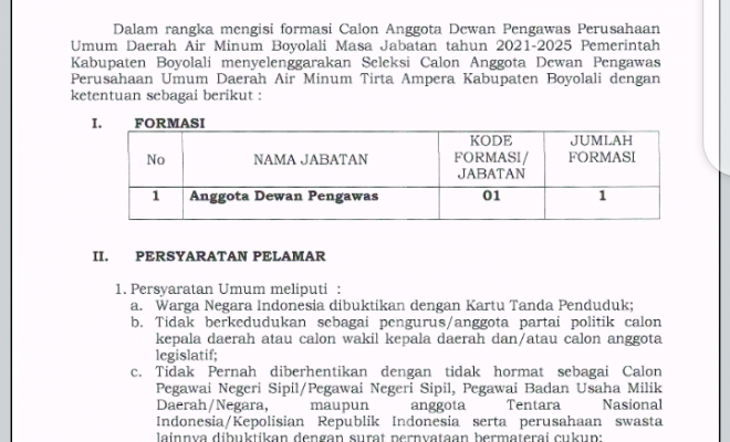 SELEKSI CALON ANGGOTA DEWAN PENGAWAS PERUSDA AIR MINUM TIRTA AMPERA KABUPATEN BOYOLALI