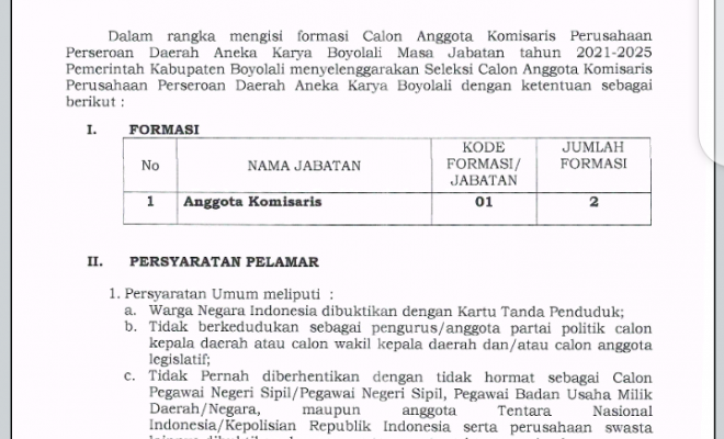 SELEKSI CALON ANGGOTA KOMISARIS PERUSAHAAN PERSERODA PERUSDA ANEKA KARYA KABUPATEN BOYOLALI