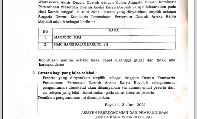 HASIL SELEKSI TEST WAWANCARA AKHIR  CALON ANGGOTA DEWAN KOMISARIS PERUSAHAAN UMUM DAERAH AIR MINUM TIRTA AMPERA