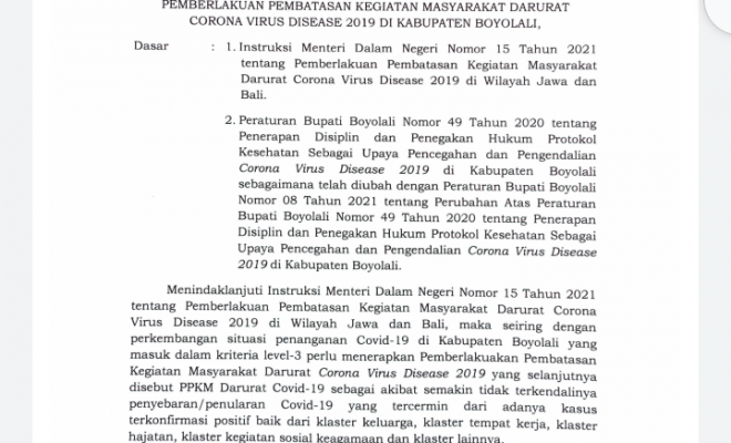 INTRUKSI BUPATI BOYOLALI TENTANG PPKM DARURAT COVID-19