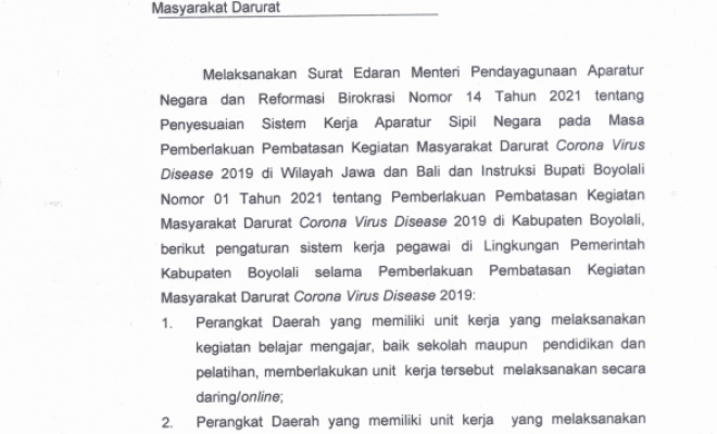 SE SISTEM KERJA PEGAWAI DI MASA PEMBERLAKUAN PPKM DARURAT 05/07/2021