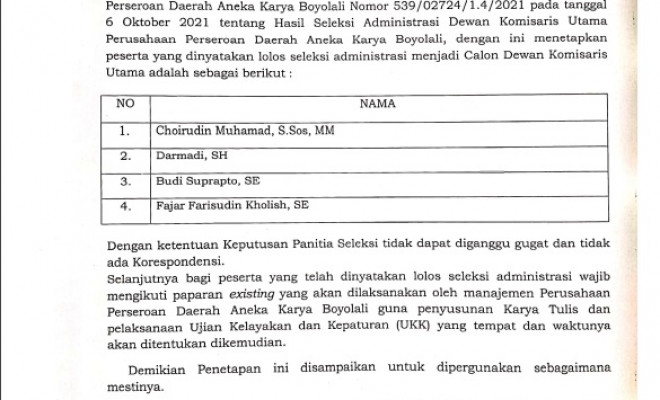 Hasil Seleksi Administrasi Calon Dewan Komisaris Utama Perusahaan Perseroan Daerah Aneka Karya Kabupaten Boyolali