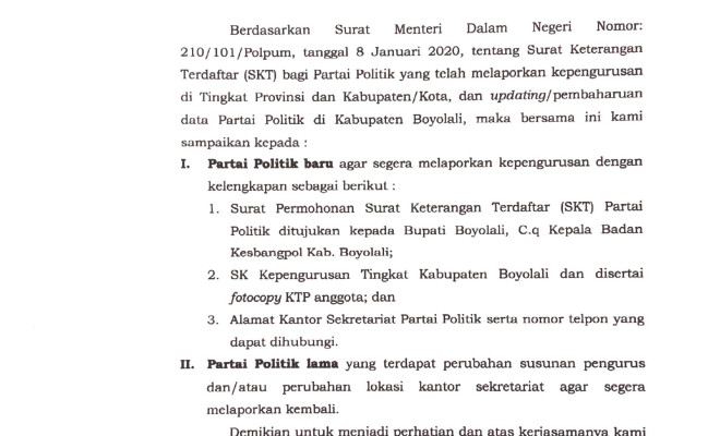 PERMOHONAN SURAT KETERANGAN TERDAFTAR (SKT) BAGI PARTAI POLITIK DI KABUPATEN BOYOLALI