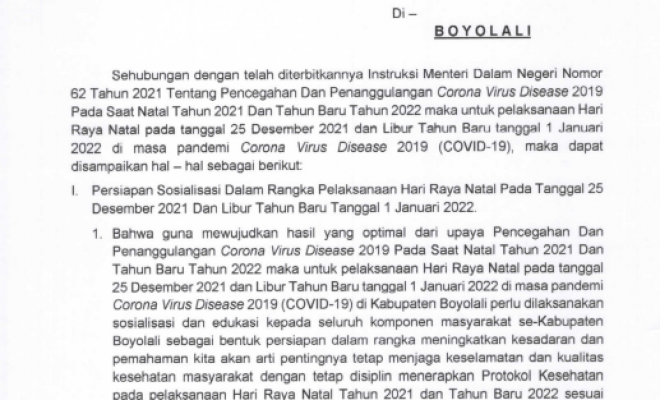 Surat Bupati Perihal Pelaksanaan Hari Raya Natal 2021 dan Libur Tahun Baru 2022