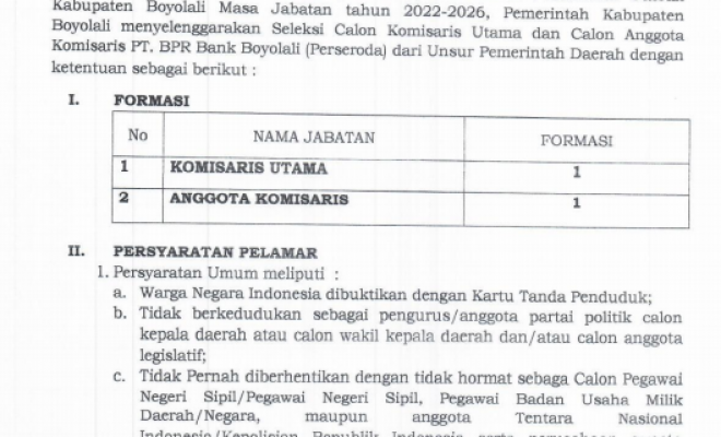 Pengumuman seleksi komisaris utama dan calon anggota komisaris PT. BPR BANK BOYOLALI