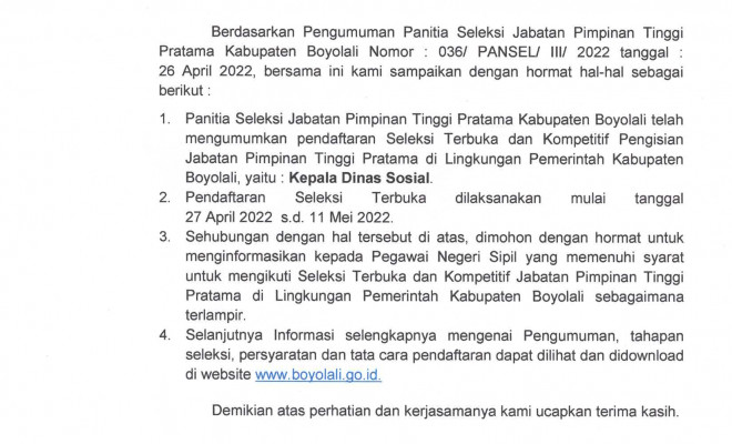 Pengumuman Seleksi Terbuka JPT Pratama Tahun 2022