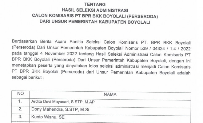 HASIL SELEKSI ADMINISTRASI KOMISARIS PT BPR BKK DARI UNSUR PEMERINTAH KABUPATEN BOYOLALI 2022