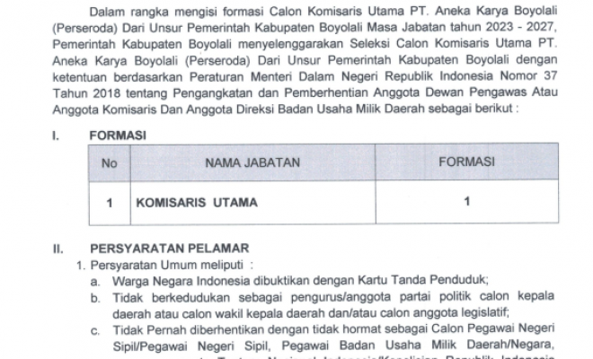 SELEKSI KOMISARIS UTAMA PT ANEKA KARYA BOYOLALI