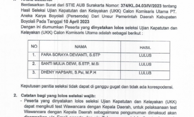 Pengumuman  Hasil UKK  Administrasi Seleksi Calon Komisaris Utama PT Aneka Karya Boyolali Dari Unsur Pemerintah Daerah Kab Boyolali