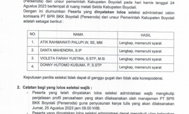 HASIL PENGUMUMAN ADMINISTRASI  CALON KOMISARIS PT BPR BKK BOYOLALI DARI UNSUR PEMERINTAHAN KABUPATEN BOYOLALI