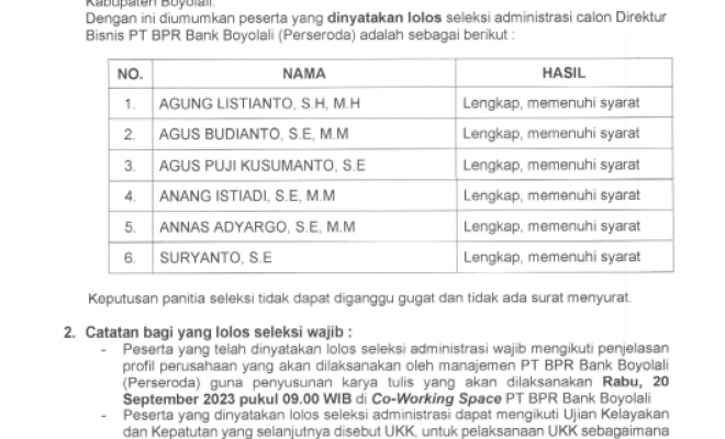 Pengumuman Seleksi Administrasi Calon Direktur Bisnis PT BPR Bank Boyolali